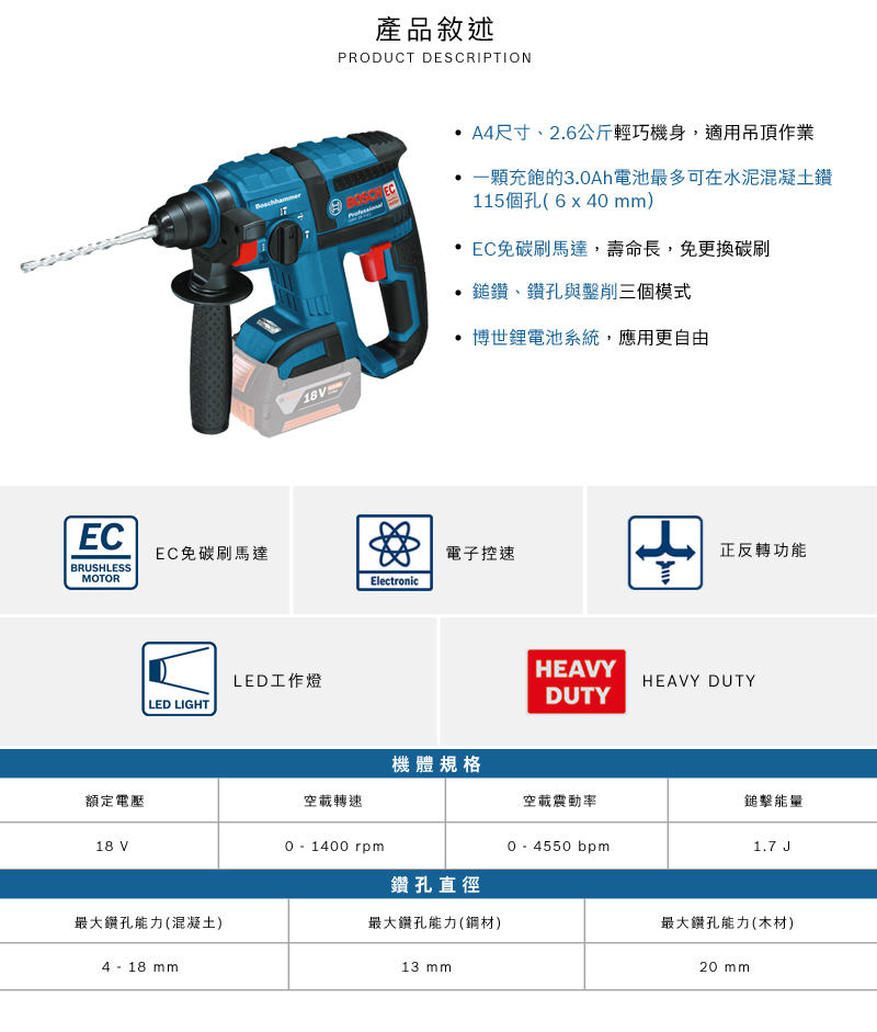 BOSCH,博世,鋰電,無刷,快速更換,StarlockPlus,輕巧,太千五金,五金,電動工具,BOSCH,博世,省錢,充電式,套筒,雙鋰電,免碳刷,震動,鎚鑽,GBH18V-EC