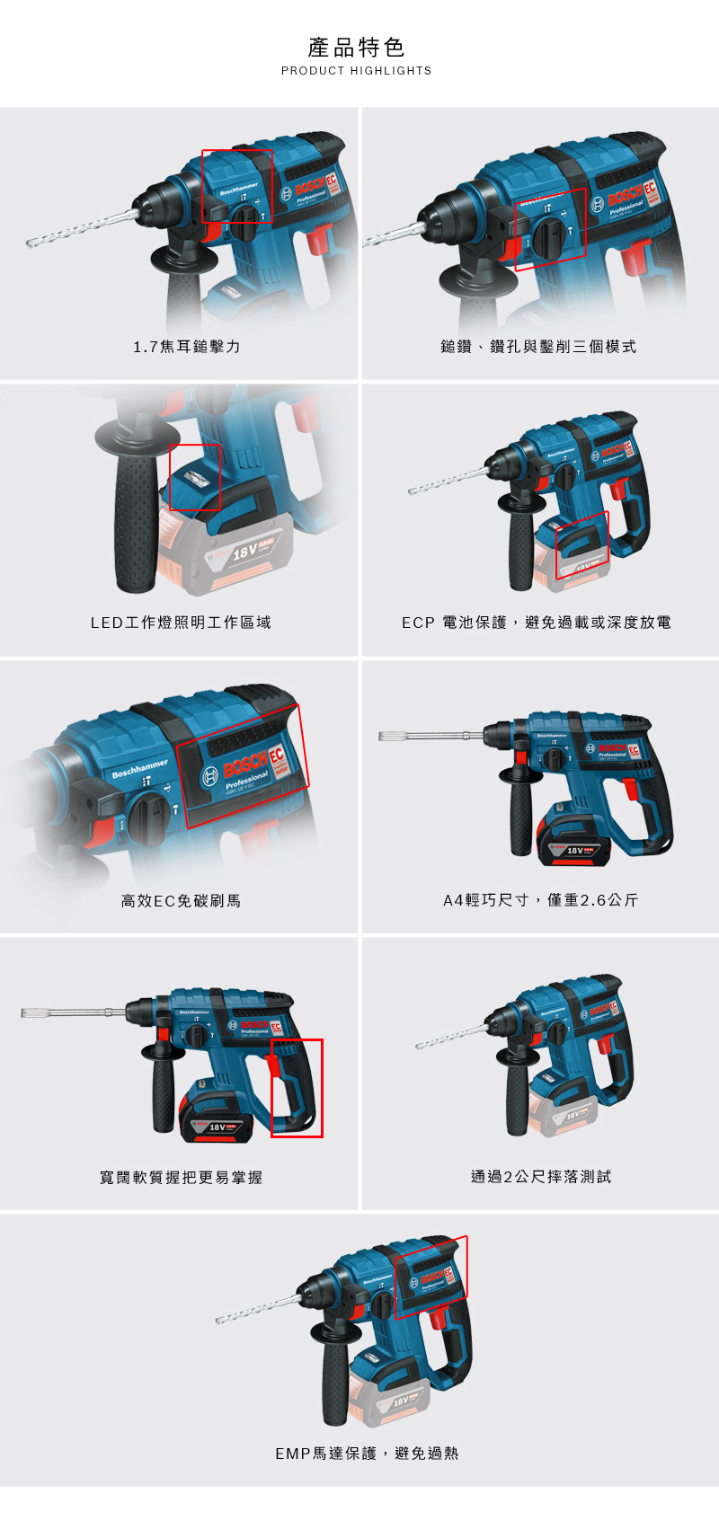 BOSCH,博世,鋰電,無刷,快速更換,StarlockPlus,輕巧,太千五金,五金,電動工具,BOSCH,博世,省錢,充電式,套筒,雙鋰電,免碳刷,震動,鎚鑽,GBH18V-EC