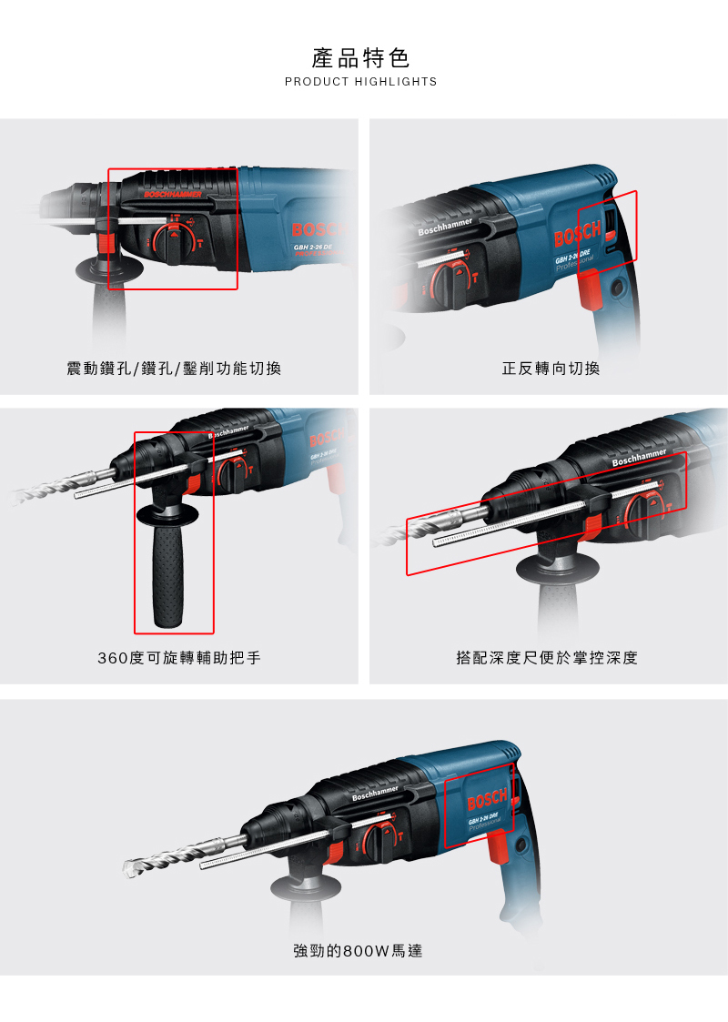 BOSCH,博世,鋰電,四溝,轉速,免出力,太千五金,五金,電動工具,省錢,鑽孔,木材,鋼材,數位,800W,鎚鑽,GBH2-26DRE